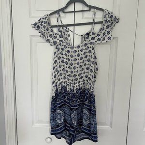 Blue and White Off the Shoulder Romper - M